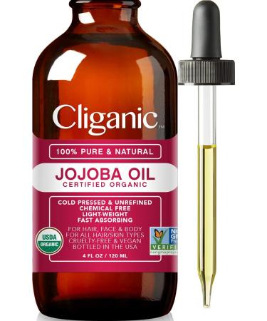 Cliganic USDA Organic Jojoba Oil, 100% Pure (4oz) | Moisturizing Oil for Face, Hair, Skin & Nails | Natural Cold Pressed Hexane Free 4 Fl Oz (Pack of 1)