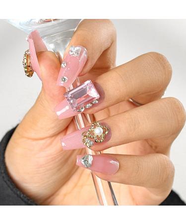 Sethexy long coffin false nails handmade. Handmade rhinestones glitter luxury false nails 3d love heart crystal pearl nails to press glossy acrylic removable for women and girls