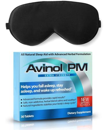 Avinol PM Extra Strength and Dream Elements Sleep Mask | All-in-One Natural Sleep Aid (30 ct) - 100% Pure Mulberry Silk Eye Mask (with Foam Ear Plugs & Anti Snoring Nose Clip) (2 Items)