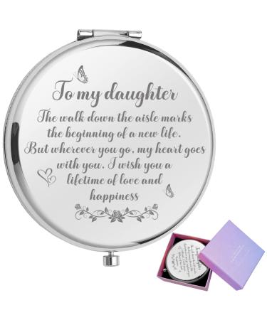 JCHCAMRY to My Daughte Travel Pocket Cosmetic Engraved Compact Makeup Mirror with Gift Box Daughter Wedding Gift from Mom Dad  Bride Gifts for Wedding Day Daughter Wedding Day Gift(Sliver)