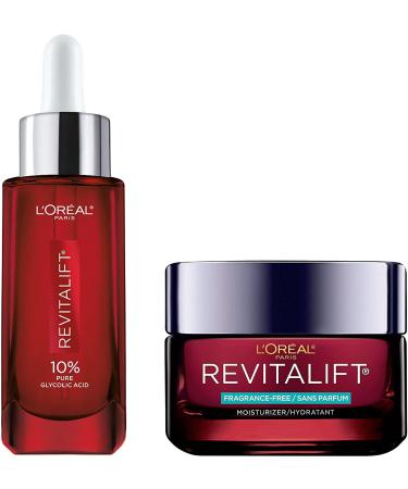 L'Oreal Paris Anti Aging Skincare Kit with Glycolic Acid Serum + Day Moisturizer for Face Even Skin Tone Revitalift Triple Power Lzr Fragrance Free Paraben Free Dermatologist Tested 2 piece kit