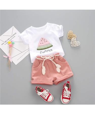 YOUNGER TREE Toddler Baby Girls Watermelon T-shirt + Linen Shorts Set | Summer Outfit with Belt | Pink 130 - Buy Online on GoSupps.com