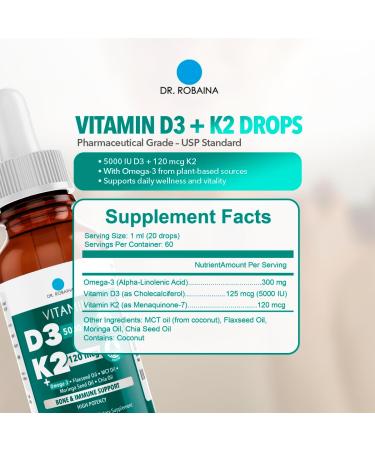 Dr. Robaina Vitamin D3 + K2 Drops Vegan MCT Oil Liquid Supplement 5000 IU D3 & 120 mcg MK-7 Sublingual Daily Vitamin D and K 1 Unit - Buy Online on GoSupps.com