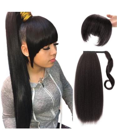 Yaki Straight Ponytail Extensions with Bangs for Black Women Natural Black Synthetic Kinky Straight Wrap Around Magic Paste Ponytail with Bangs Natural Looking Hair Hairpiece for Women(2) 24 Inch 2 Natural Black