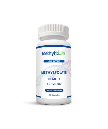 Methyl-Life Pure L-Methylfolate 15 mg Plus - Pharmaceutical Grade Professional Strength Active Folate and 1 mg of Active B12 and 180 mg Inositol - 30 Capsules