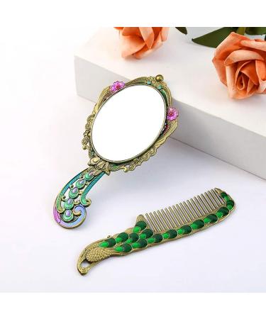 MULHUE Vintage Peacock Flower Hand Held Mirror Set - Bronze Metal Vanity Mirror with Comb | Decorative Hand Mirror Design - Buy Online on GoSupps.com