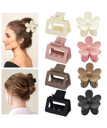 8 PCS Hair Claw Clips for Women Thick Thin Hair Large Flower Claw Clip Matte Square Hair Clips Nonslip Neutral Jaw Clips