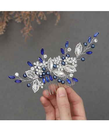Casdre Blue Crystal Bride Wedding Hair Comb - Silver Rhinestone Bridal Hair Piece with Pearl Accents - Buy Online on GoSupps.com
