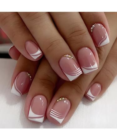 French Press on Nails Short Square Fake Nails Stick on Nails Pink Nude Acrylic Nails Glue on Nails with Rhinestones Designs White French Tip Artificial Nails for Women Girls 24pcs Square Fake Nails X379