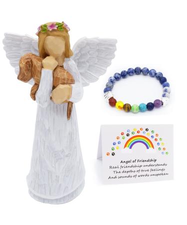 Angel of Friendship Dog Memorial Gifts, Pet Sympathy Gift, Loss of Dog Gifts, Passed Away Dog Gifts, Angel Figurines Dog Remembrance Gift with 7 Chakra Pet Memorial Rainbow Bridge Bracelet Pure white