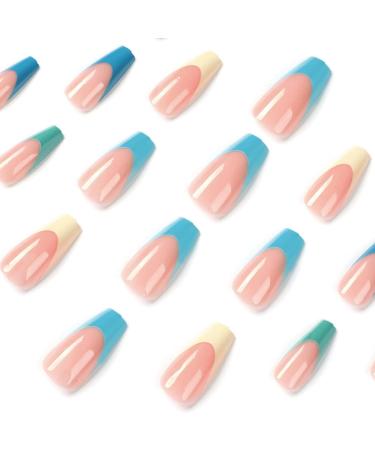Justotry 24 Pcs Multicolour Fake Nails Medium Rainbow French Press on Nails | Trendy Ballerina Stick on Acrylic Coffin False Nails for Women | Long Rainbow & Square Design with Glue for Nail Art - Buy Online on GoSupps.com