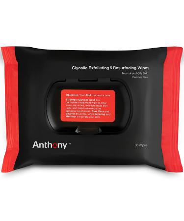 Anthony Glycolic Exfoliating & Resurfacing Wipes - Men's Cleansing Face Cloths - Gentle Pore Refining for Normal, Oily, or Sensitive Skin - 30 Sheets/Bag (Pack of 2) - Buy Online on GoSupps.com