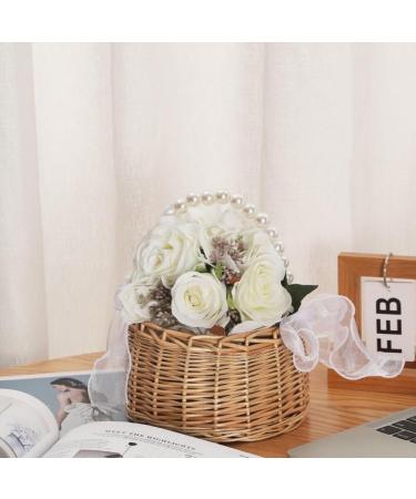Wicker Rattan Flower Girl Basket with Pearl Handle and Bow Hand Woven Wicker Basket Candy Basket with Ribbon for Wedding - Buy Online on GoSupps.com