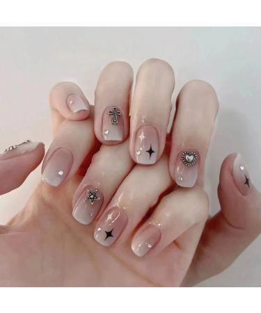 JUSTOTRY 24 Pcs Heart Square False Nails Short Gradient Nude French Press on Nails Pattern Trendy Fake Nails Short with Nail Glue Stick on Nails for Women Squoval Nails Fake Nail for Nails Art Gradient Nude1