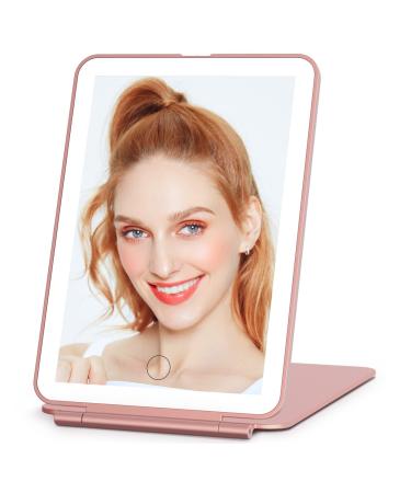 Famihomii Rechargeable Travel Makeup Vanity Mirror with 3 Colors Lighting, Lighted Makeup Mirror with 72 LED Lights and Touch Screen Dimming, Portable Compact Mirror for Makeup(Rose Gold)