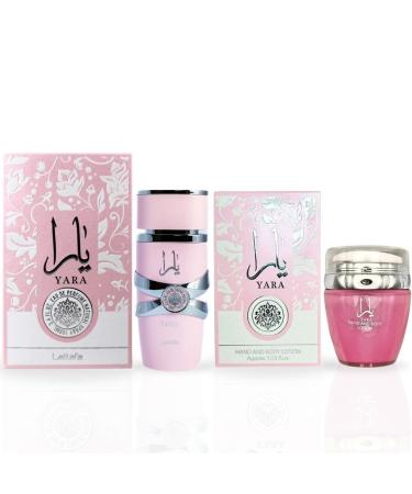 LATTAFA Yara For Women EDP Spray 100ML (3.4 OZ) & Yara Hand & Body Lotion 45ML (SENSATIONAL BUNDLE)