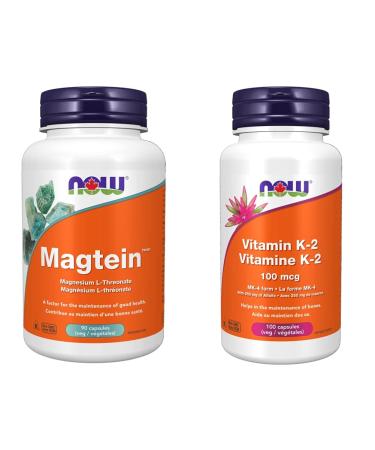 Now Foods Magtein Magnesium L-Threonate 90vcap (Packaging may vary) and Now Vit K-2 100mcg 100vcap