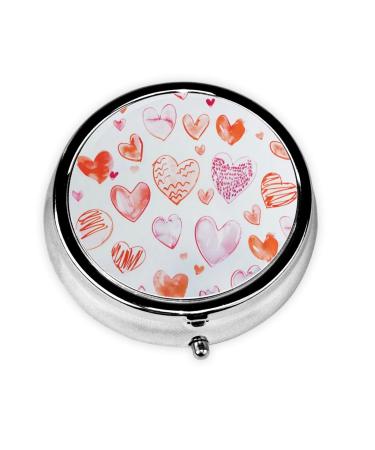 Cute Colorful red Hearts Portable Metal Pill Box Round Mini 3-Compartment Plastic Insert hinged Fastening Design Suitable for Small Pills Must-Have for Travel Black