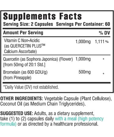 Quercetin 1000mg, Bromelain 500mg, Vitamin C 1000mg Capsules - Immune, Cardiovascular, Respiratory Health - Allergy Relief - 120ct from Kappa Nutrition - Buy Online on GoSupps.com