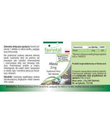 Fairvital | Cuivre 2 mg - 180 comprim s - Bisglycinate de cuivre - qualit contr l e et hautement dos - 100% v g talien - Fabriqu en Allemagne - Buy Online on GoSupps.com