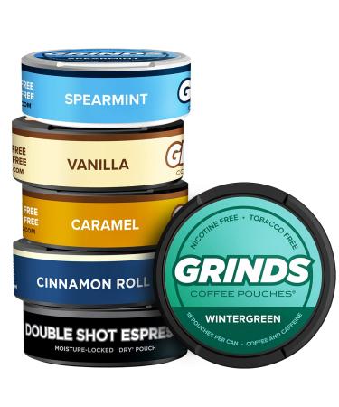 Grinds Coffee Pouches | 6 Can Sampler | Caramel, Espresso, Cinnamon Roll, Vanilla, Wintergreen, Spearmint | Tobacco Free, Nicotine Free Healthy Alternative | 1 Pouch eq. 1/4 Cup of Coffee