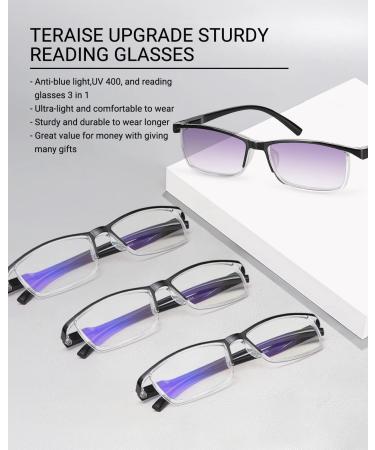 Teraise Reading Glasses for Men & Women | Anti-Blue Light Fashionable & Comfortable Computer Glasses with Robust Design | 4.0x Magnification Feather Hinge - Bundle of 3 Black + 1 Sun Edition - Buy Online on GoSupps.com