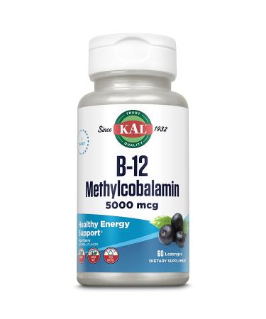 KAL Vitamin B-12 Methylcobalamin Lozenges 5000mcg Healthy Energy Metabolism Nerve & Red Blood Cell Support * Optimal Absorption Natural Acai Flavor Vegan Sugar Free 60 Servings 60 Lozenges - Buy Online on GoSupps.com
