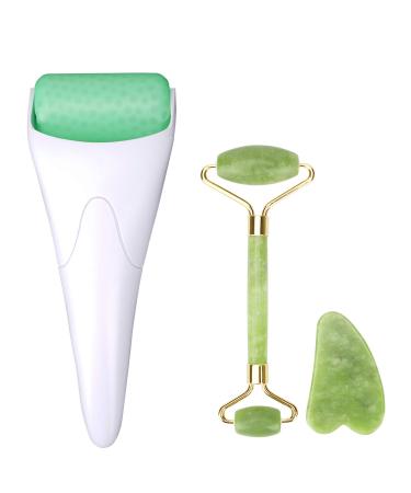 Facial Roller Set of 3, Ice Roller, Two-Sided Jade Roller and Gua Sha Massage Tool, Rolling Tool for Facial Beauty and Body Massage, Helps Reduce Puffy, Releases Stress and Tension