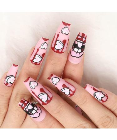 Matte Long Pink Heart Artificial Nails - Full Cover with Lips Print Design | 24pcs for Women & Teen Girls - Buy Online on GoSupps.com