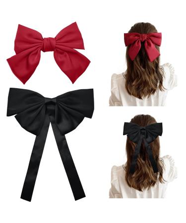 Hair loops clips large black loop hair clips hub knot hair tie red satin tape hairpins large loops clips long cock headgear for women and girls (2 pieces)
