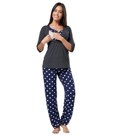 Zeta Ville - Women's Maternity Breastfeeding Layered Pyjamas Pregnancy - 060c 12 Navy With Dots