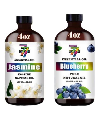 GV77ZF Essential Oil Two 4 Fl Oz (120Ml) Set - Pure Natural Blueberry Oil and Jasmine Essential Oil for Diffuser Humidifier Skin Care Home Fragrance Bath Hair Care Cleansing Massage Yoga