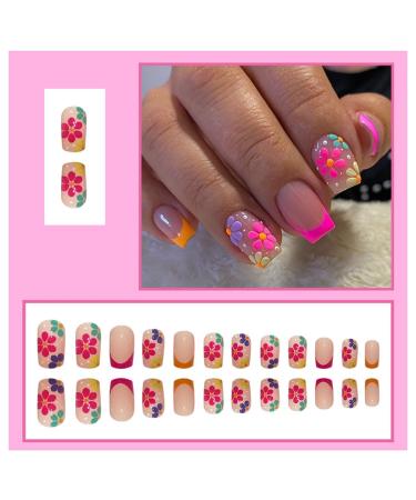 24 Pcs Medium Square French Fake Nails | Acrylic Colorful Flower Designs | Glossy Full Cover False Nails | Manicure Decorations for Women and Girls - Buy Online on GoSupps.com