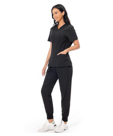 PuriPure Scrub Set for Women Classic V-neck Scrub Top & Jogger Scrub Pants Athletic Nurse Scrub Set with 7 Pockets 4-way Regular Medium Black