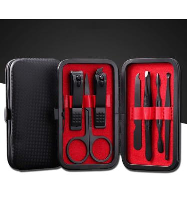 Aubcee Nail Clipper Set Manicure Pedicure Kit 7 in 1 Black Stainless Steel Professional Grooming Kit with Black Leather Travel Case