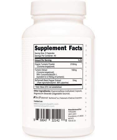 Type Zero Turmeric with Bioperine (120 Capsules) (2300mg per Serving) - GMO Free, Gluten Free, 3rd Party Tested - Buy Online on GoSupps.com