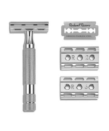 Rockwell Razors 6C White Chrome Double-Edge Safety Razor for Men and Women with 6 Adjustable Shave Settings and 5 Fully Recyclable Eco Razor Blades