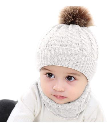 CheChury Toddler Hat and Scarf Set - Baby Knit Pom Beanie Cap with Circle Loop Scarf - White, 1-3 Years - Buy Online on GoSupps.com