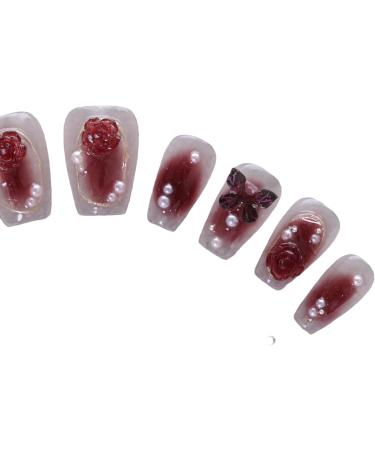 PN-019 Press-On Nails Hand Nails Polished 10 Pieces Reusable Artificial Nails Rose Butterfly Rhinestone Glitter Pink Red - Buy Online on GoSupps.com
