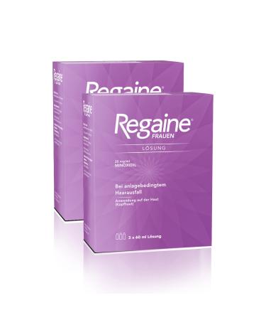 Regaine women solution: with 20 mg/ml minoxidil with hereditary hair loss stops the hereditary hair loss and stimulates new hair growth 6-month supply 2 packs each 3 x 60 ml