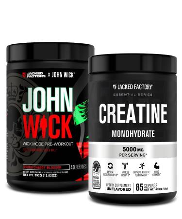 Jacked Factory X John Wick - Wick Mode Pre Workout Powder (Osaka Cherry Blossom 40 Servings) & Creatine Monohydrate Powder (Unflavored 85 Servings)
