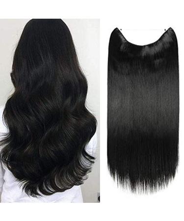 Silk-co 24 inch Wire in Hair Extensions One Piece Hairpiece Sythetic Hidden Elastic Long Straight Half Head Black