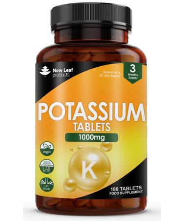 Potassium Supplements High Strength - 180 Vegan Potassium Tablets Mineral Electrolytes Supplement Contributes to Normal Muscle Function Nervous System - Gluten-Free Non-GMO Made in UK by New Leaf 180 Count (Pack of 1)
