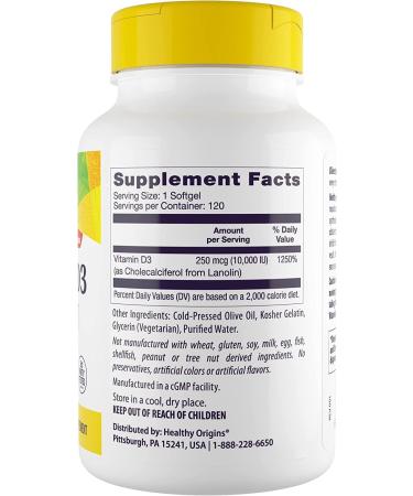 Healthy Origins Vitamin D3 10,000 IU - 120 Luanolin Gels for Immune Support - Buy Online on GoSupps.com