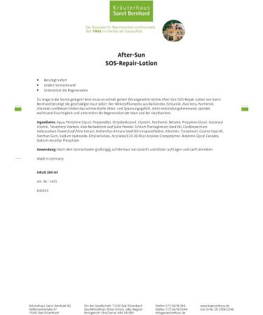 Sanct Bernhard After Sun SOS Repair Lotion 200ml - Nourishing Aloe Vera & Echinacea Oil for Soothing Sunburn Relief - Buy Online on GoSupps.com