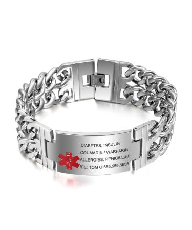 Lam Hub Fong 8.5 Inches Free Engraving Emergency Medical Alert ID Bracelets For Men Titanium Steel Life Medical Alert Bracelets For Adults