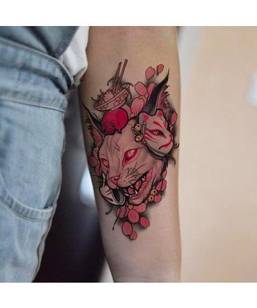 Oottati 2 Sheets Waterproof Temporary Tattoo Stickers - Pink Japanese Mask & Canadian Hairless Cat Skull Design for Arm, Thigh, Leg - Perfect for Leg, Back, Thigh - Buy Online on GoSupps.com