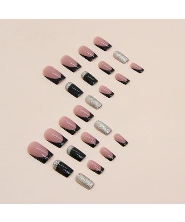 24pcs French Glitter Gold Square False Nails | Black Tip Press On Nails | Acrylic Full Cover Nails | Women Girls Nail Art Accessories - Buy Online on GoSupps.com