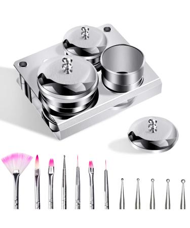 Smilerain 3 Pieces Dappen Dish Acrylic Liquid Container Set Stainless Steel Acrylic Nail Containers  7 Pieces Nail Art Brushes Cosmetic Makeup Tools and 5 Pcs Dotting Pens for Nail Art Tools