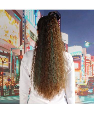 Horsetail Wig Female Long curly hair clip on corn hot horsetail tied roll hip hop eggroll ponytail highlights fluffy small grip black arctic green bandage black highlights arctic green corn hot